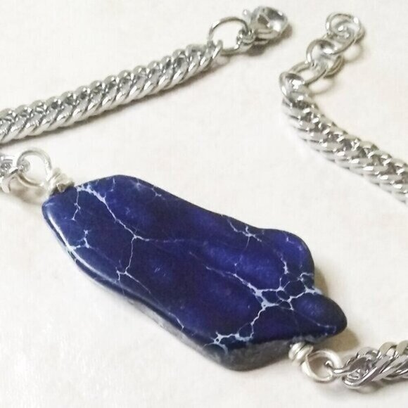 Dark Blue Sea Sediment Jasper Slab + Chunky Chain Bracelet ~ Adjust. 7-8" Wrist - Picture 1 of 8